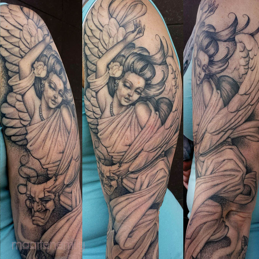 blackandgraychicanoangelsleeve Inkredible Ink Tattoo
