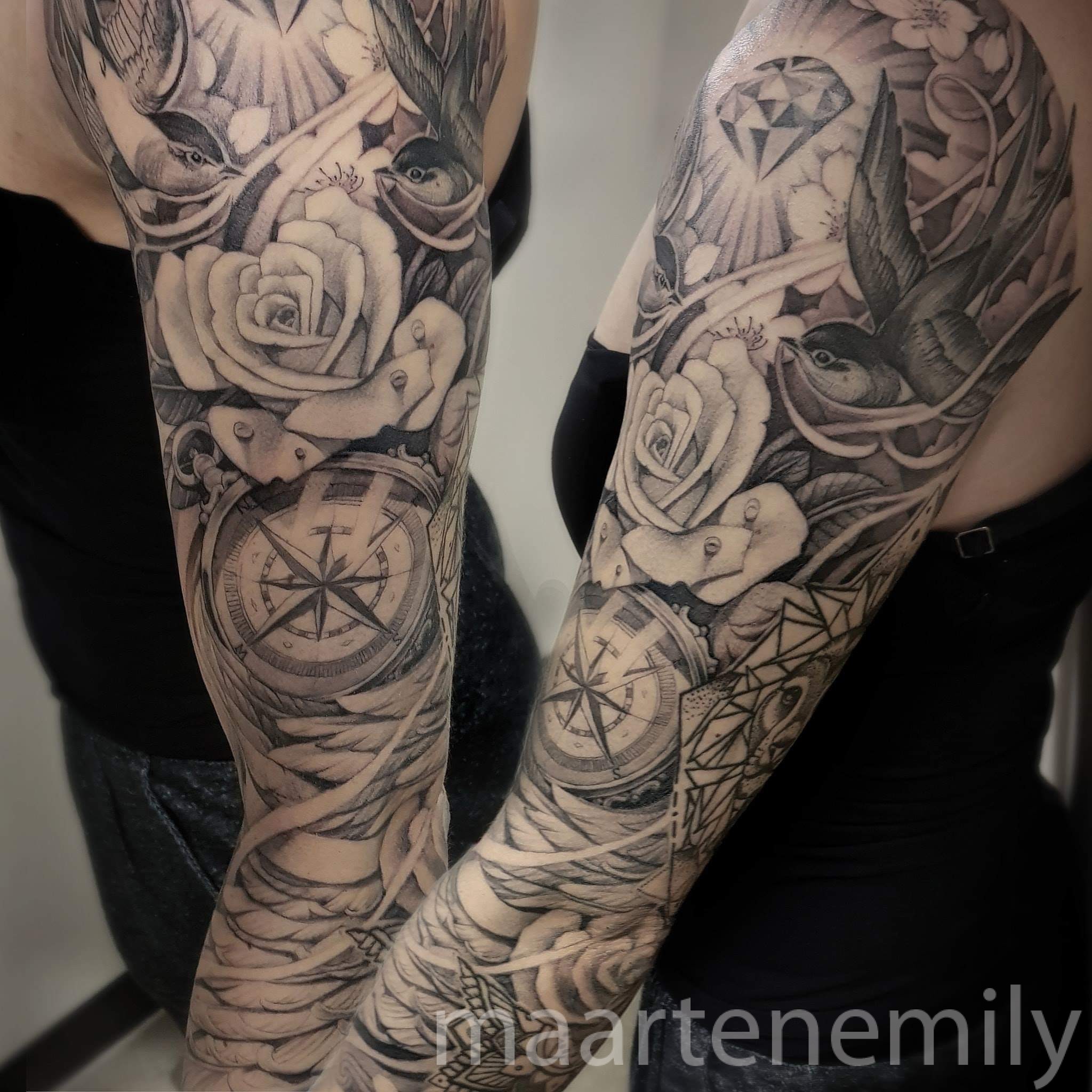 Compass, roses and feathers tattoosleeve